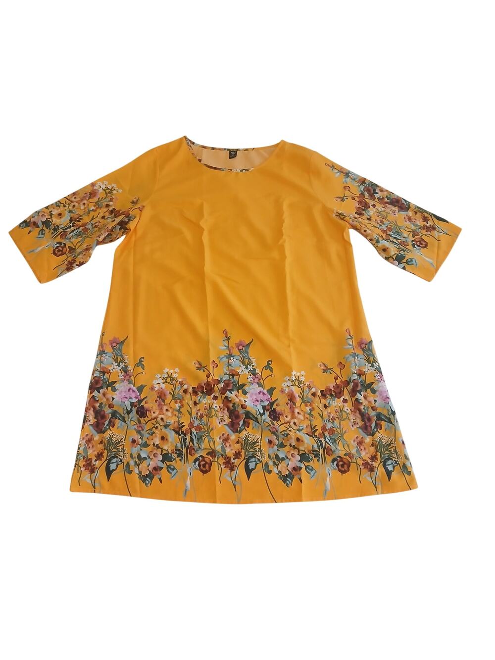 Plus Size 2XL Boho Mustard Yellow Floral Midi Dress Long Sleeve Flowing Modest